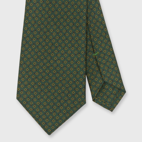 MASHBURN Silk Print Tie in Green/Gold/Brown Diamond - Picture 1 of 3